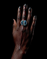 Trapeze ring with split azurite face