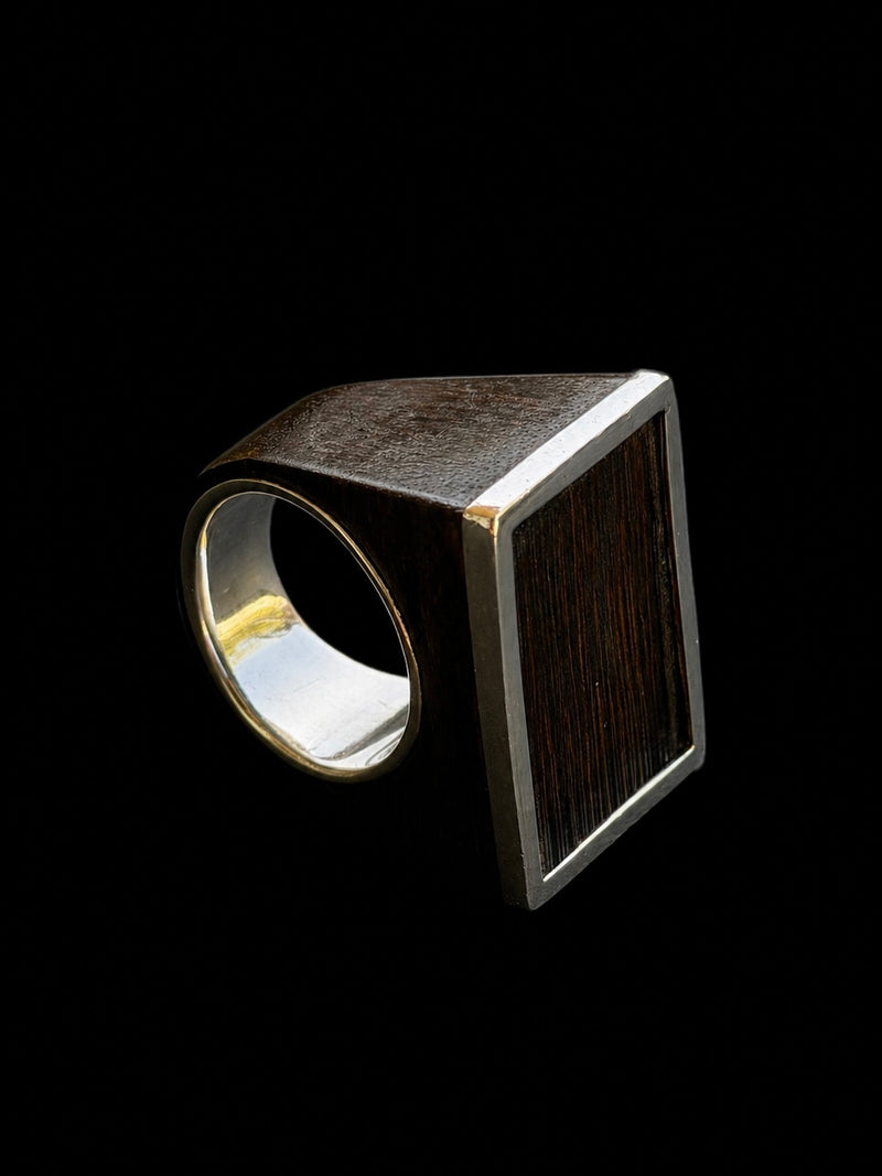 Geometric silver & wood ring